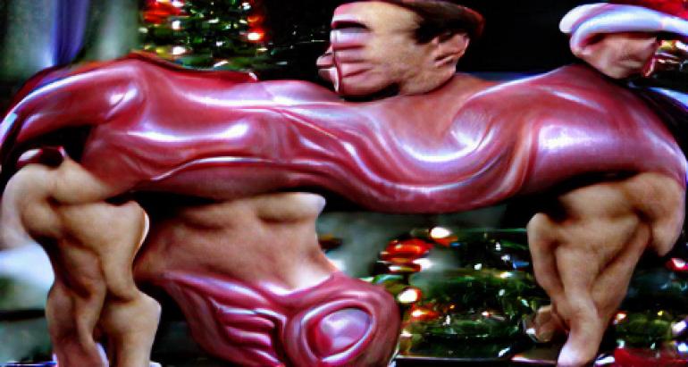<p>Jingle All The Way Arnold Schwarzenegger</p> A very abstract protrayal of Arnold Schwarzenegger in the film 'Jingle All The Way', generated by A.I.